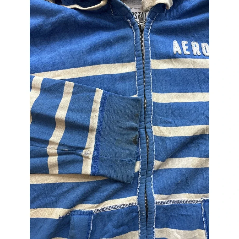 Aeropostale Mens XXL Full Zip Hoodie Blue Cream Striped AERO 87 Hooded Zip Up